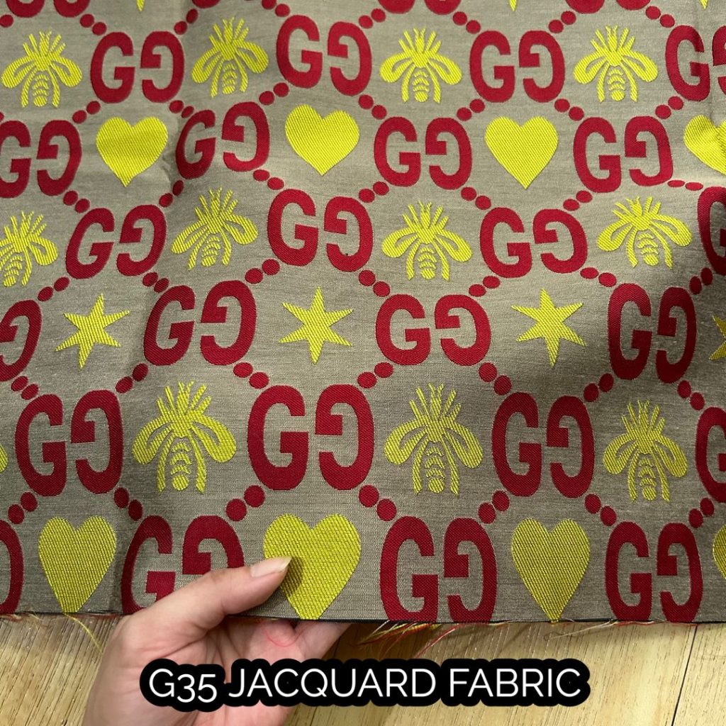 G35 Jacquard Fabric Yellow Red on Khaki editorial product context 1