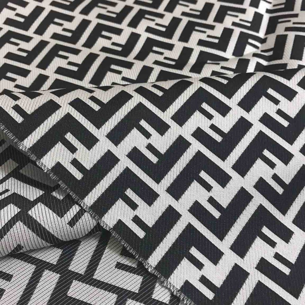 F01 Jacquard Fabric Designer Inspired Fabric Black on Light Grey editorial product context 1