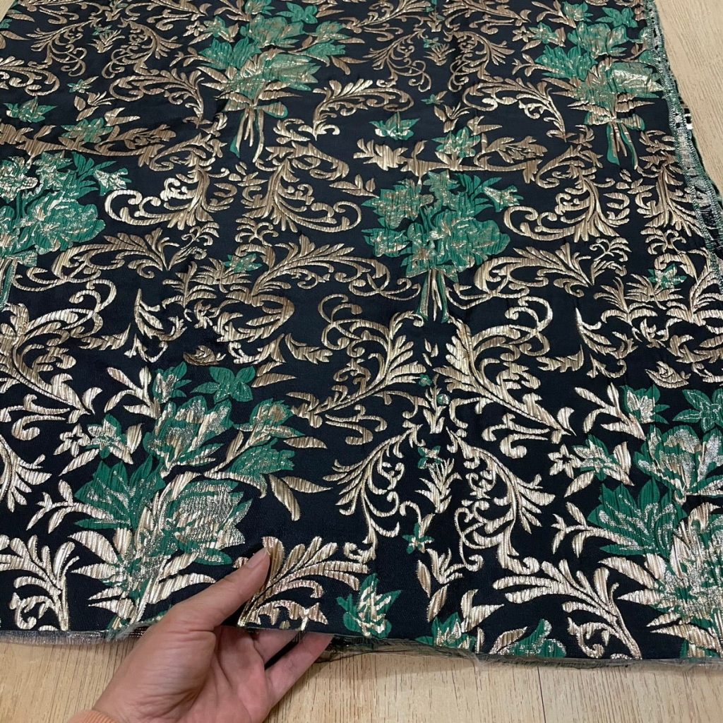 J03 Gold Floral Jacquard Fabric Gold Green on Black editorial product context 3